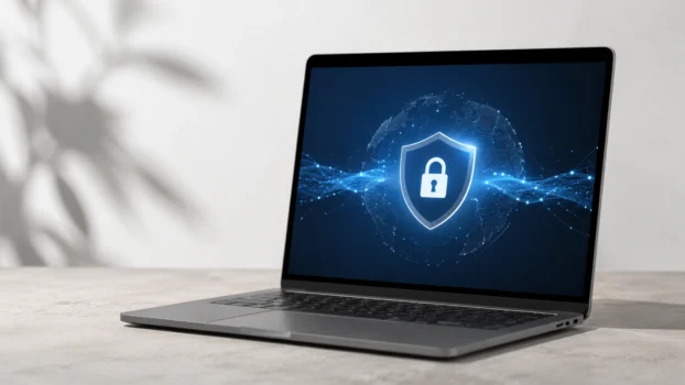 Klēpjdators uz gaiša galda ar drošības vairoga un piekaramās atslēgas simbolu ekrānā, attēlojot VPN privātumu un tiešsaistes aizsardzību.