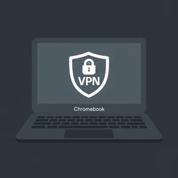 Minimalistinis paveikslėlis su Chromebook nešiojamuoju kompiuteriu ir VPN ženkliuku tamsiame fone, skirtas straipsniui apie geriausius VPN Chromebook įrenginiams